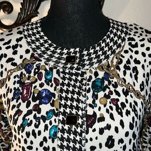Laura Ashley Women’s Silk Blend Animal Print Chains Gems 3/4 Sleeve Cardigan S